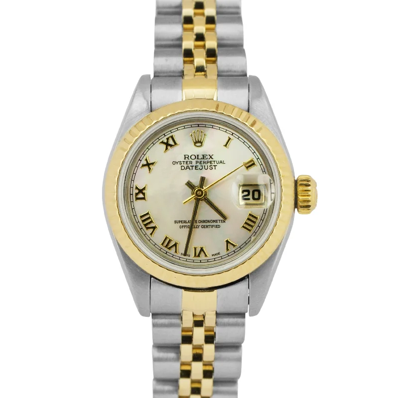 Trendy Mesh Band Watches For Sleek Style-PAPERS Rolex DateJust 26mm MOP ROMAN 18K Yellow Gold Steel JUBILEE 69173 BOX