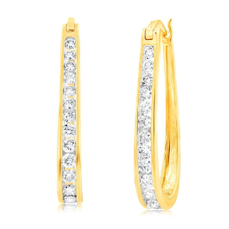 Feather Earrings For Boho Fashion-9ct Yellow Gold 1 Carat Channel Set Hoop Earrings with 28 Brilliant Diamonds