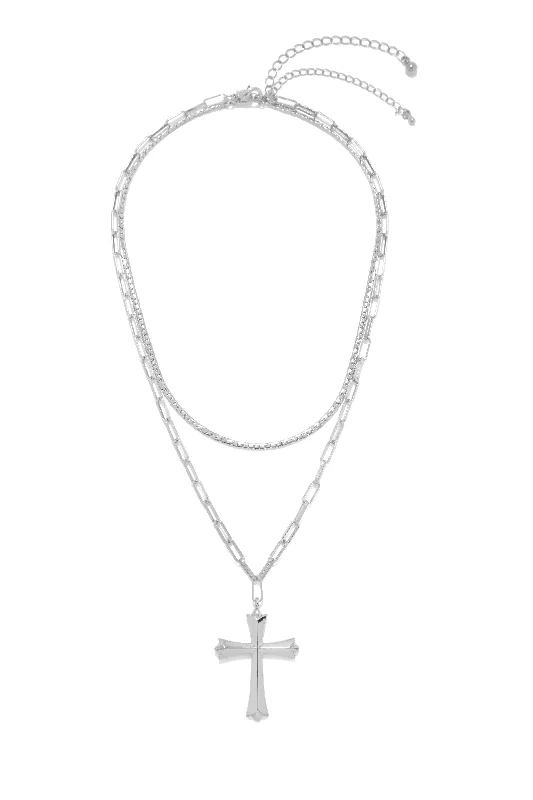 All My Faith Two Piece Layered Cross Pendant Necklace Set - Silver