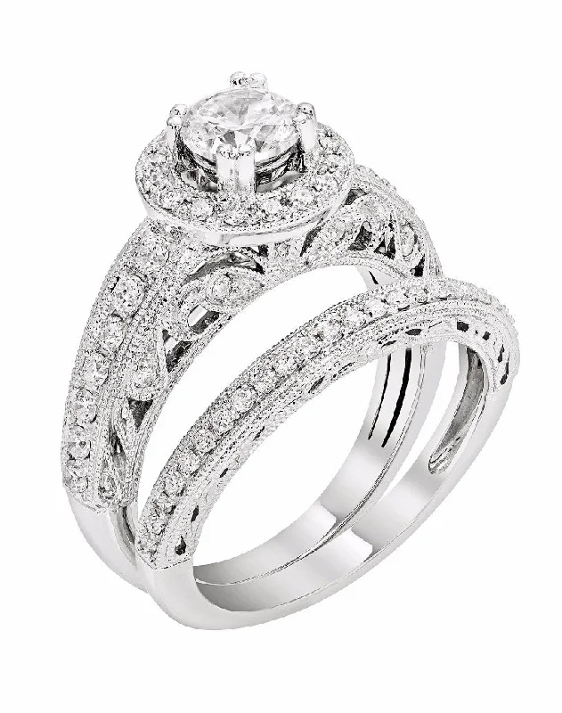 Trendy Stackable Rings For Modern Jewelry-14k White Gold 5mm Round Halo Vintage Filigree Semi-Mount Engagement Ring