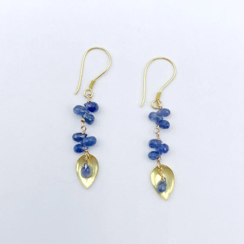 Ethnic Earrings For Cultural Celebrations-Sapphire Flowers Floating on Golden Leaves