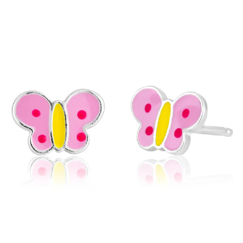 Precious Stone Earrings For Elegant Style-Sterling Silver Butterfly Pink and Yellow Stud Earrings