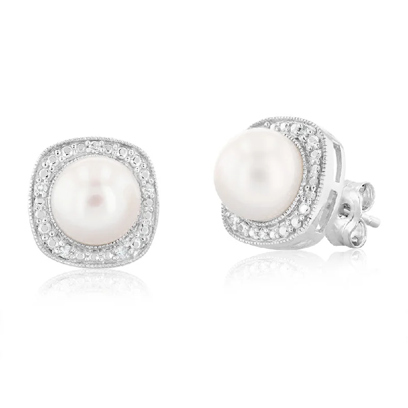 Elegant Pearl Drop Earrings For Formal Events-Cultured Pearl & 05Pts Diamond Stud Earrings In Sterling Silver