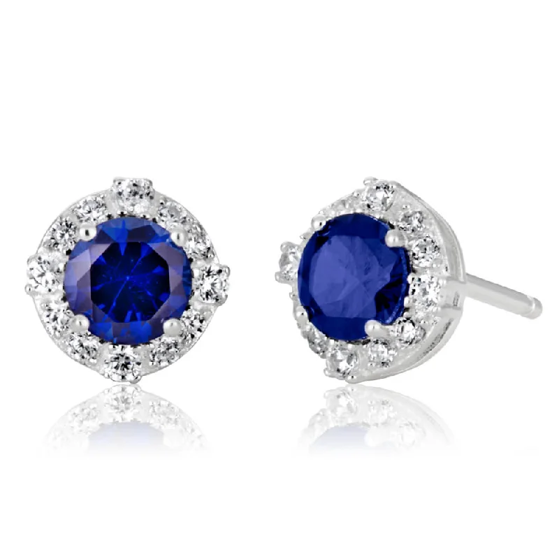 Unique Earrings For Gift Ideas-Sterling Silver Created Sapphire + Cubic Zirconia Halo Earrings