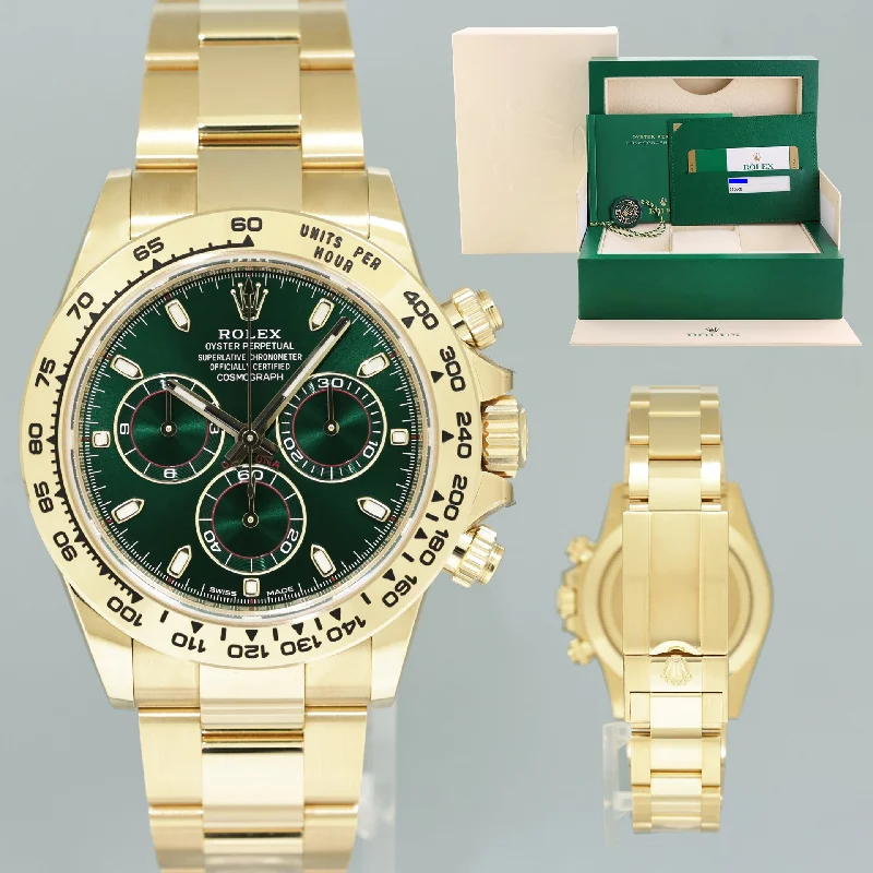 Vintage Chronograph Watches For Collector’s Items-STICKERS NEW PAPERS Rolex Daytona 116508 Green Yellow Gold Chrono Watch Box