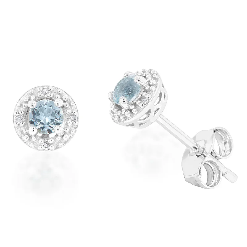 Personalized Earrings For Custom Gifts-9ct White Gold Aquamarine and Diamond Halo Stud Earrings