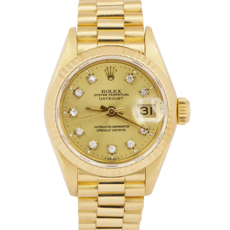 Unique Wooden Wrist Watches For Natural Fashion-Ladies Rolex DateJust President 26mm CHAMPAGNE DIAMOND 18K Gold 69178 Watch