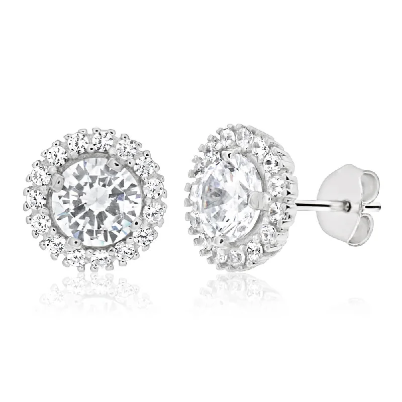 Sparkling Silver Earrings For Radiant Charm-Sterling Silver Rhodium Plated Cubic Zirconia Round Halo Stud Earrings