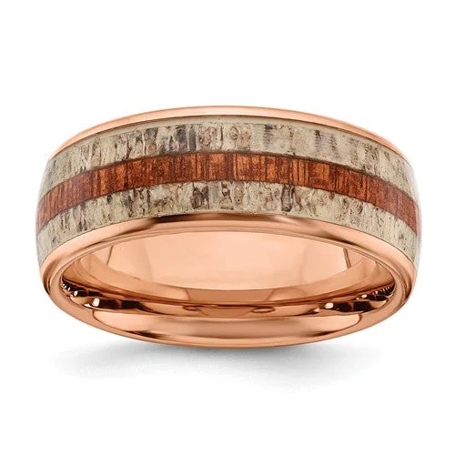 Vintage Diamond Rings For Timeless Beauty-Stainless Steel Rose Gold IP With Wood And Antler Inlay 8mm Band