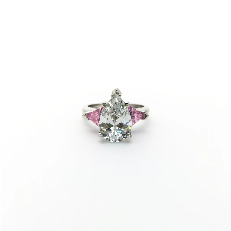 Elegant Engagement Rings For Romantic Proposals-Pear-shaped and Pink Trillion Three Stone Engagement Ring (14K)