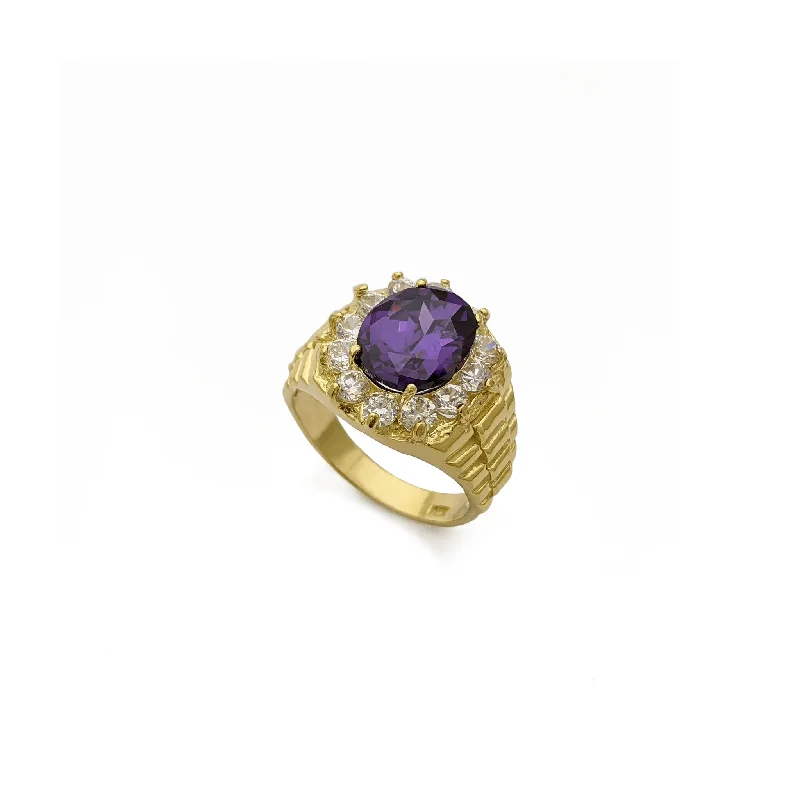 Custom Birthstone Rings For Special Occasions-Presidential Band Accent Purple Halo Gemstone Ring (14K)