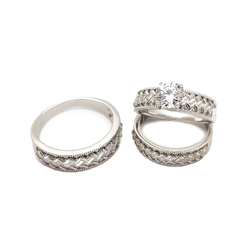 Custom Wedding Bands For Unique Vows-Round Halo Baguettes Three Piece Set Engagement Rings (Silver)