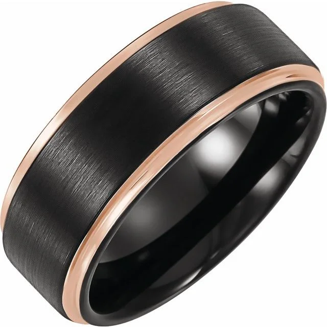 Bold Rose Gold Engagement Rings For Stylish Brides-18K Rose Gold PVD and Black PVD Tungsten Flat Grooved Band 6mm or 8mm