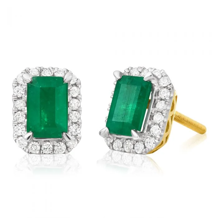 Intricate Earrings For Unique Styles-9ct Yellow Gold 1.20 Carat Natural Emerald and 1/5 Carat Diamond Stud Earrings