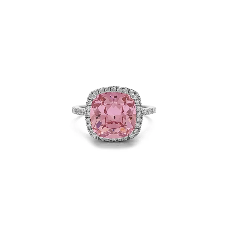 Unique Wedding Bands For Creative Couples-Pink Cushion Cut Halo Ring (Silver)