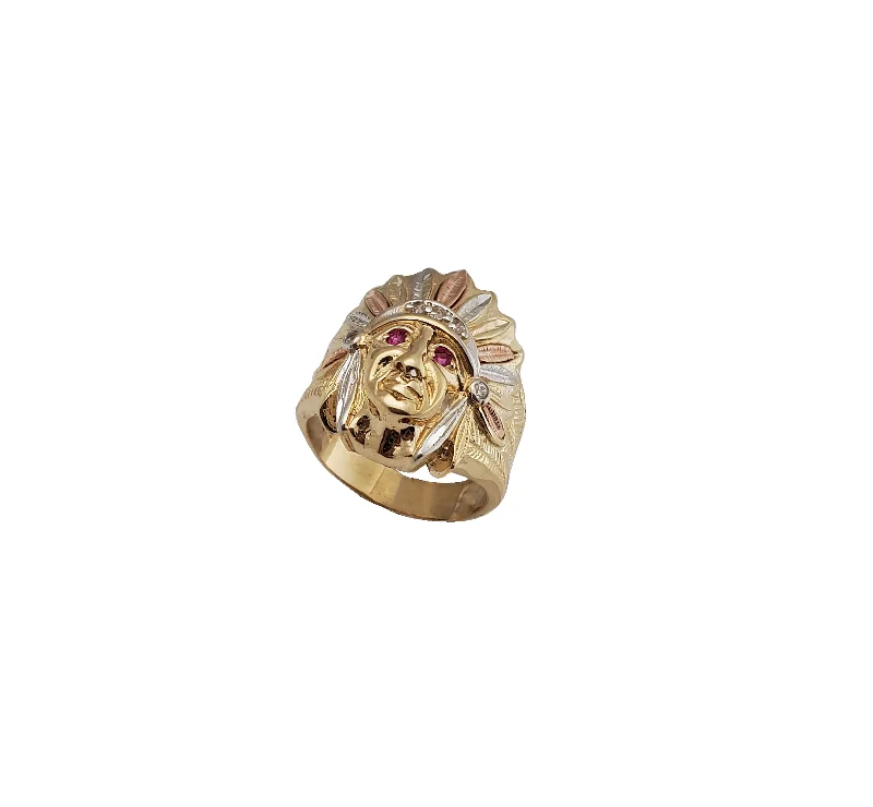 Gorgeous Platinum Rings For Elegant Wear-Tricolor Indian Chief Head CZ Ring (14K)