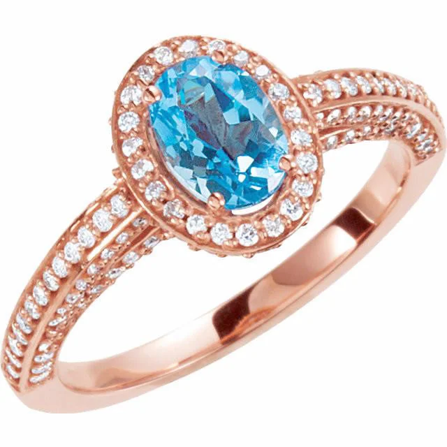 Trendy Wedding Rings For Fashion-Forward Couples-14k Rose Gold Swiss Blue Topaz Oval & Diamond Halo Engagement Ring