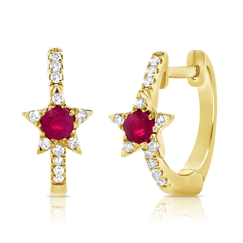 Gold Plated Earrings For Vintage Appeal-Ruby & Diamond Star Huggies