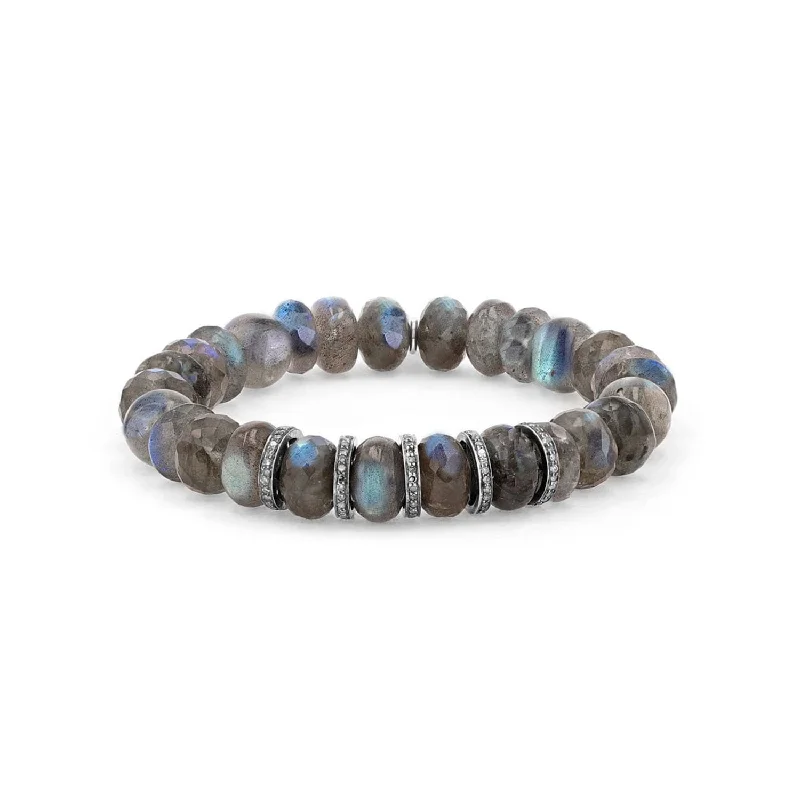 Timeless Pearl Bangle Bracelets For Bridal Glam-Labradorite Mixed Cut Bead Bracelet with Five Diamond Rondelles - 10mm B0001568