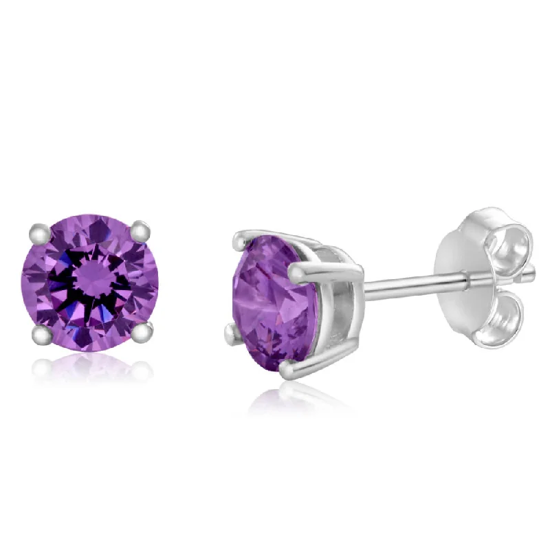 Diamond-like Earrings For Stunning Looks-Sterling Silver Zirconia Round 6.55mm Purple Stud Earrings