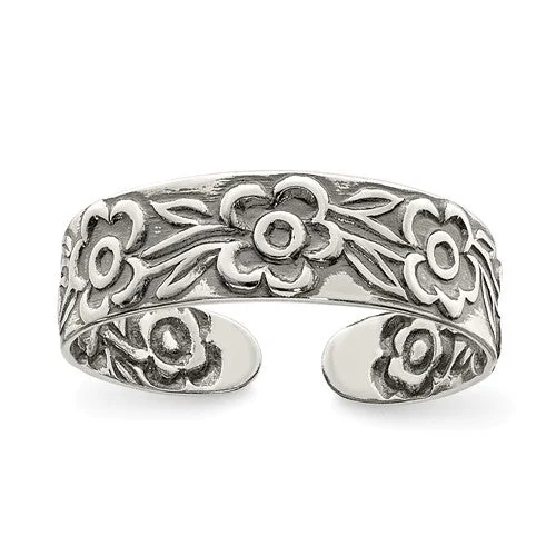 Colorful Diamond Rings For Fun Glam-Sterling Silver Antiqued Flower 5mm Band Toe Ring