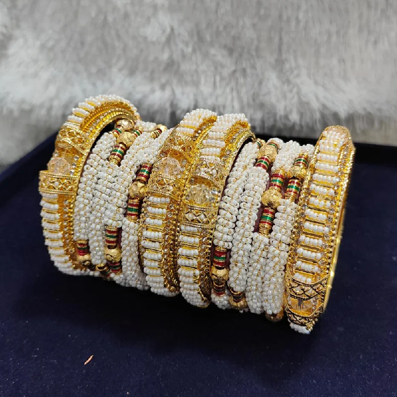 Elegant Wedding Bangles For Bridal Looks-Pooja Bangles Gold Plated Austrian Stone Pearls Bangles Set