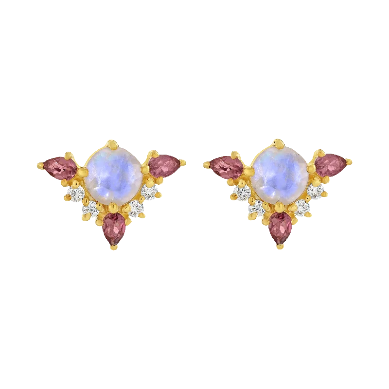 Elegant Dangle Earrings For Formal Parties-Rainbow Moonstone & Pink Topaz Unicorn Dream Studs