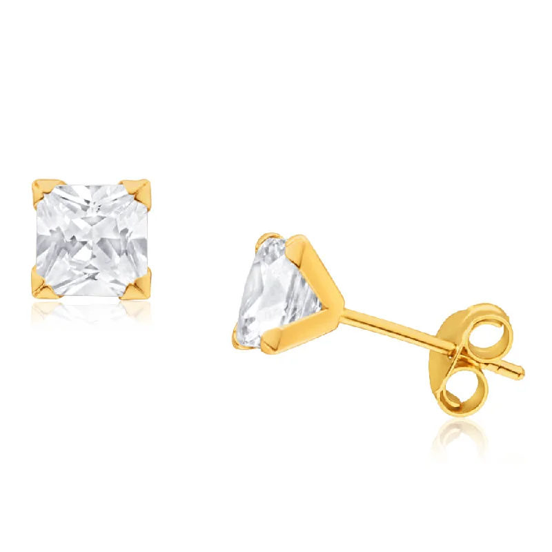 High Fashion Earrings For Stylish Women-9ct Yellow Gold Cubic Zirconia 5mm Princess Cut Stud Earrings