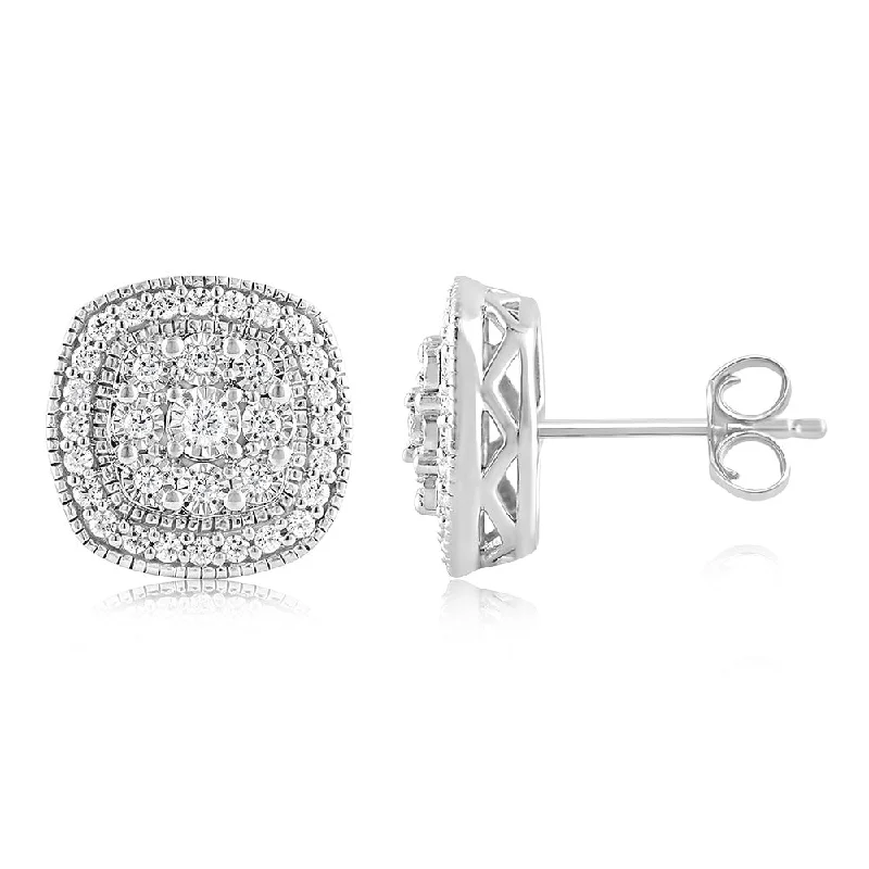 Small Stud Earrings For Subtle Elegance-Sterling Silver 0.45 Carat Diamond Cushion Shape Cluster Stud Earrings with Round Brilliant Diamonds