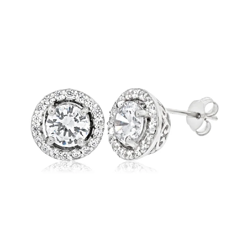 Stylish Stud Earrings For Any Event-Sterling Silver Rhodium Plated Cubic Zirconia Round Stud Earrings