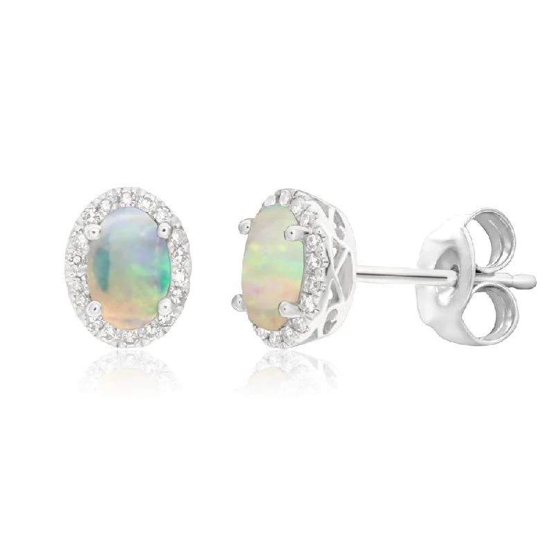 Artistic Earrings For Boho Style-9ct White Gold 0.25ct Natural White Opal and Diamond Stud Earrings