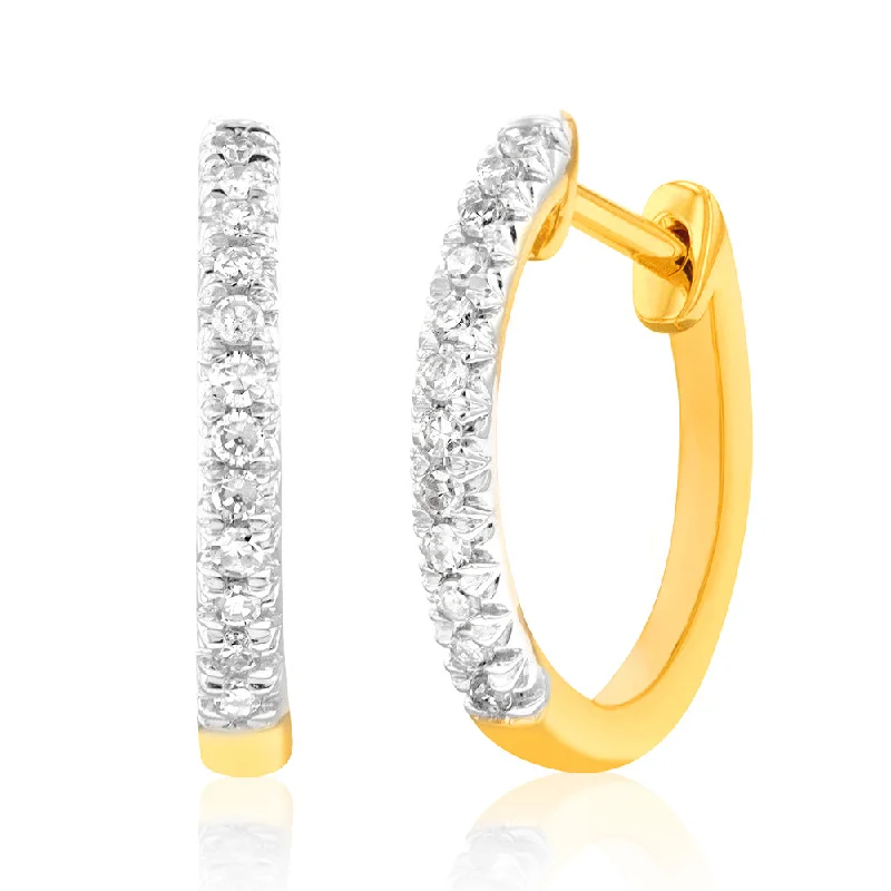 Gold Dangle Earrings For Glam Looks-9ct Yellow Gold Diamond Hoop Earrings with 24 Diamonds