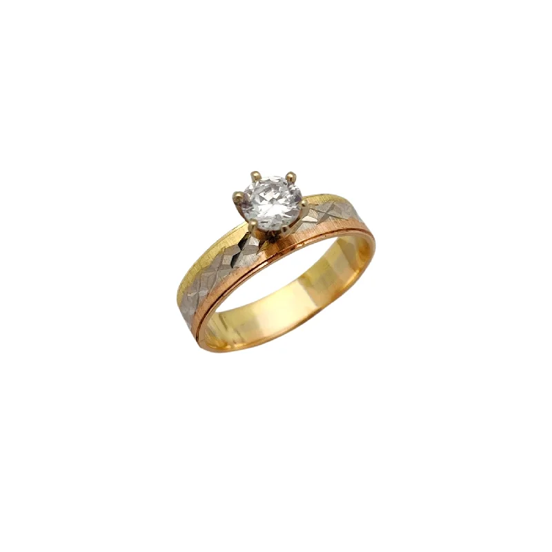 Gorgeous Cocktail Rings For Glamorous Nights-Tri-Tone Stellated Diamond-Cut CZ Engagement Ring (14K)