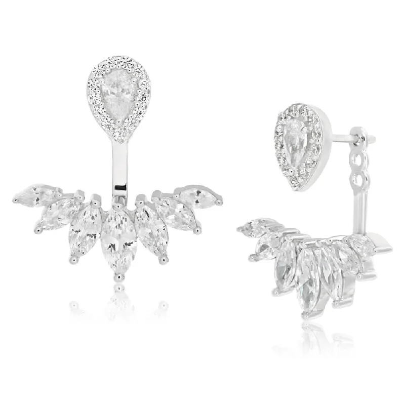 Floral Earrings For Feminine Touch-Sterling Silver Rhodium Plated Cubic Zirconia Marquise Cut Ear Jacket Stud Earrings