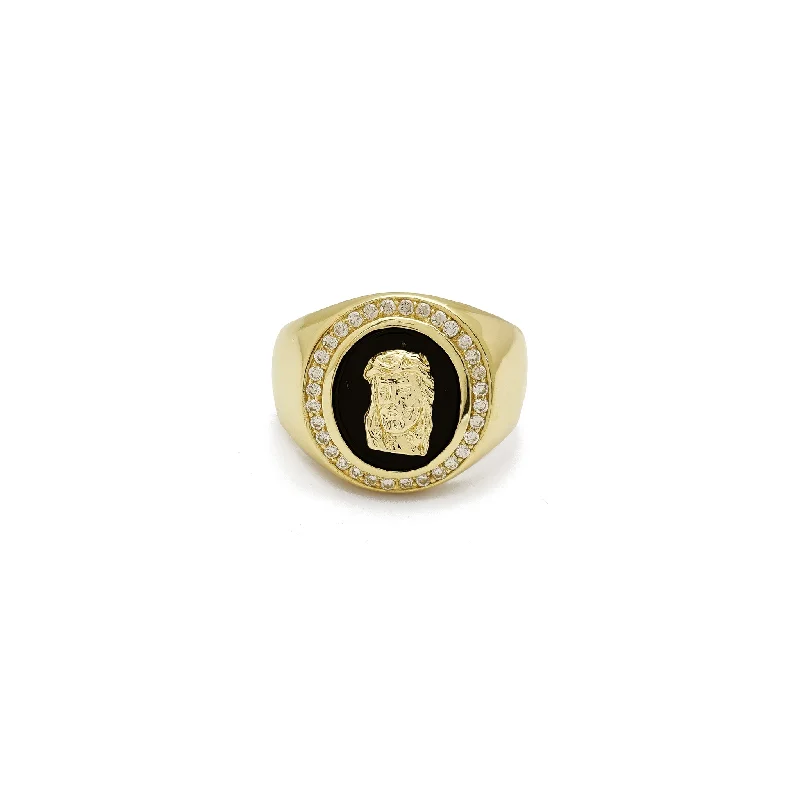 Bold Gold Rings For Statement Fashion-Halo CZ Jesus Head Ring (14K)