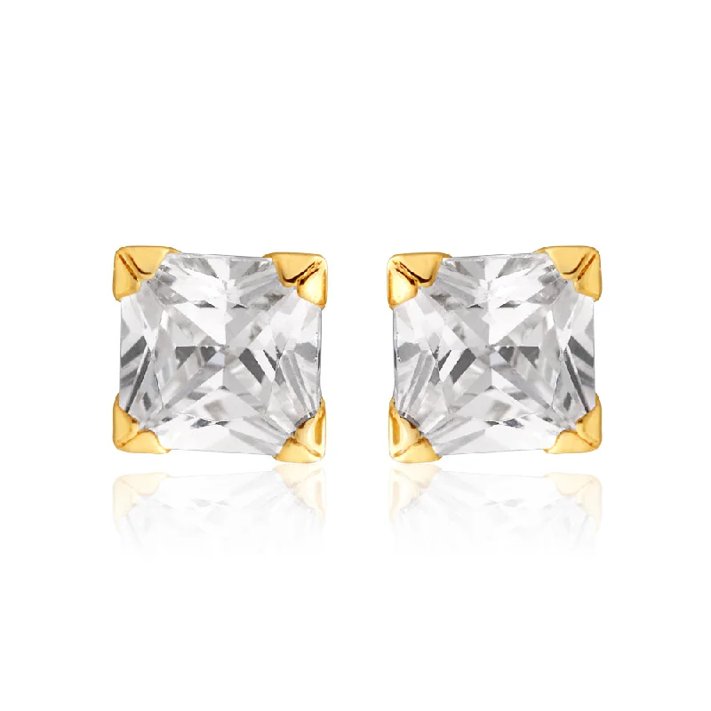 Gold Dangle Earrings For Glam Looks-9ct Yellow Gold Cubic Zirconia 4mm Princess Stud Earrings