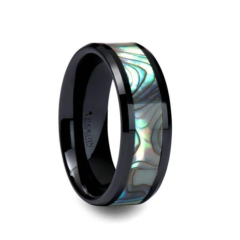 Elegant Engagement Rings For Memorable Proposals-Thorsten OAHU Beveled Black Ceramic Ring with Shell Inlay - 8mm