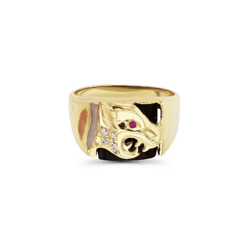 Trendy Stackable Gold Rings For Chic Looks-Tricolor Red Eye Black Onyx Panther Head Ring (14K)