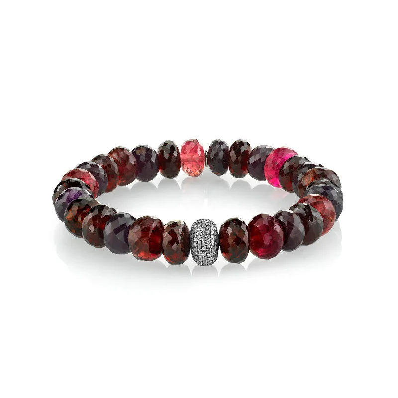 Unique Leather-Set Bracelets For Boho-Inspired Fashion-Red Garnet Ruby Tourmaline Bead Bracelet with Diamond Donut - 10mm  B0001885