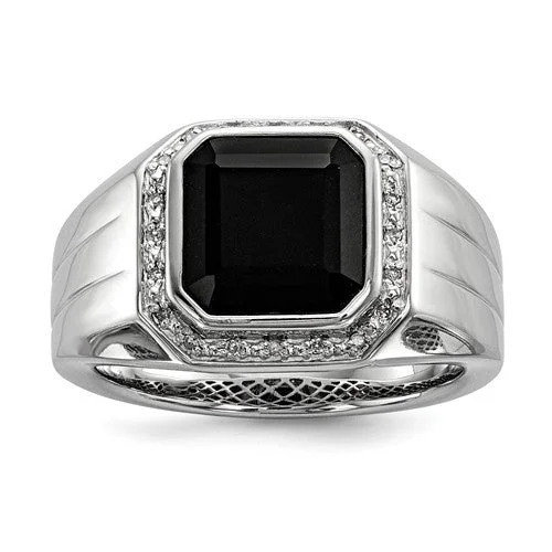 Beautiful Promise Rings For Romantic Gifts-Sterling Silver Diamond And Black Onyx Square Men's Ring