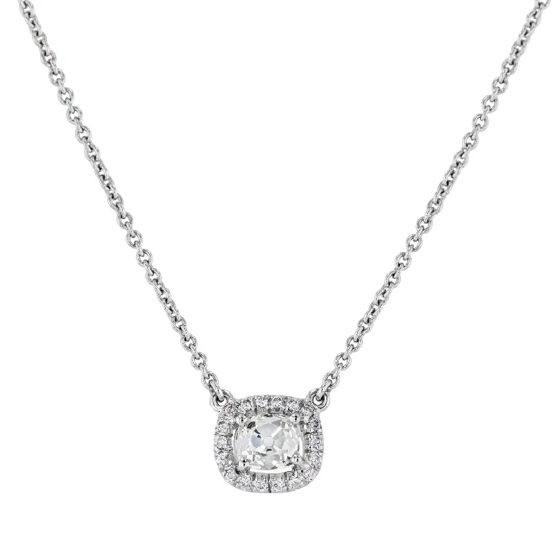 Old Mine Cushion Cut White Gold Diamond Pave Pendant Necklace