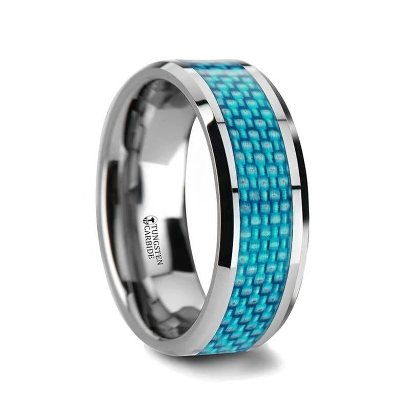 Unique Gemstone Rings For Bold Statements-Thorsten AUGUSTUS Blue Carbon Fiber Inlay Tungsten Carbide Band - 4mm - 10mm