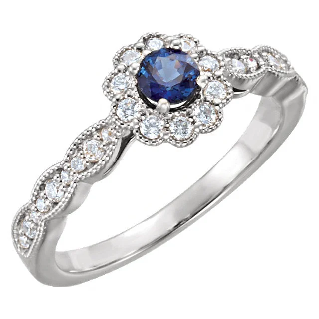 Sparkling Ruby Rings For Statement Jewelry-14k Gold Round Blue Sapphire & 1/3 CTW Diamond Ring