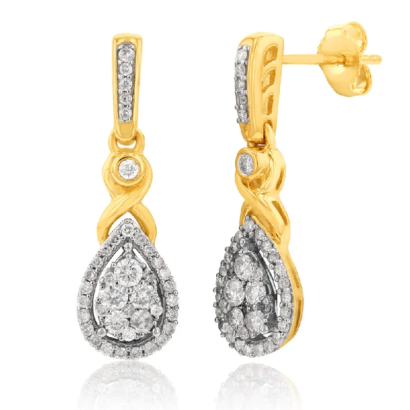 Delicate Earrings For Bridesmaids Gifts-9ct Yellow Gold 1/2 Carat Diamond Pear Shaped Earrings