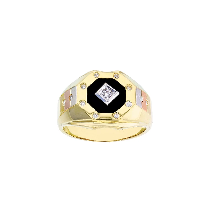 Beautiful Rose Gold Rings For Elegant Fashion-Tri-Color Octagonal Black Onyx Men's Ring (14K)