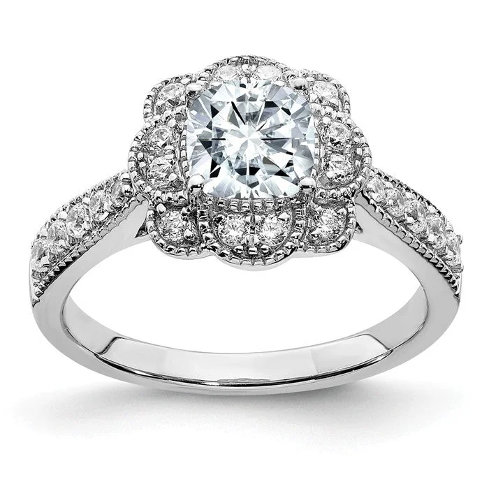 Timeless Wedding Rings For Everlasting Love-14k White Gold 1.52CT Cushion Floral Halo Moissanite Engagement Ring