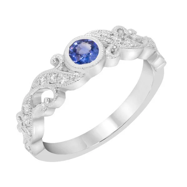 Simple Wedding Rings For Elegant Couples-14k White Gold Blue Sapphire Bezel and Diamond Filigree Ring