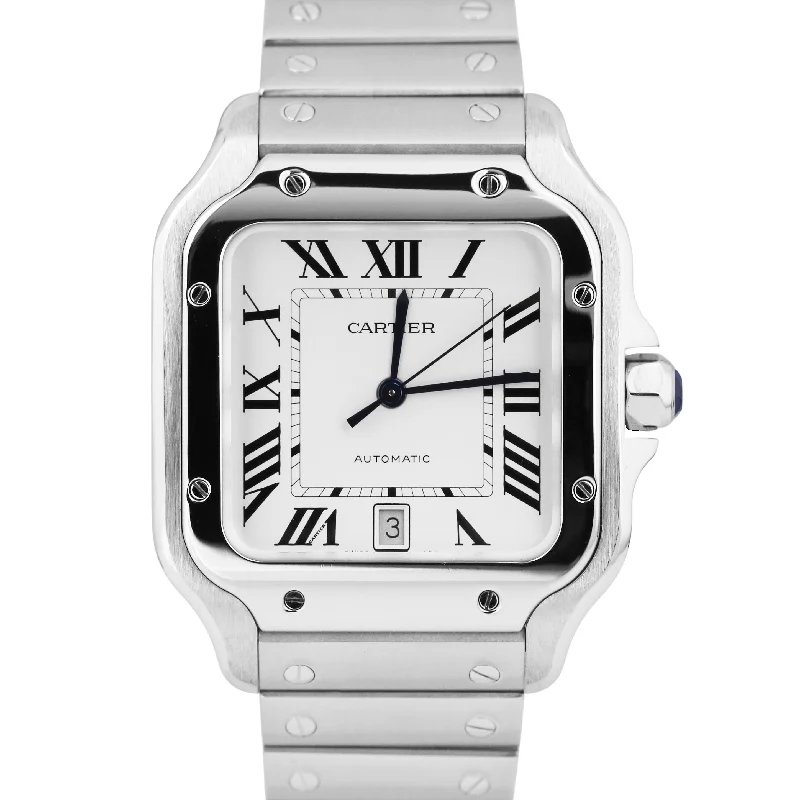 Elegant Dress Watches For Formal Events-MINT Cartier Santos 39.8mm White Roman Automatic Stainless Steel 4072 WSSA0018