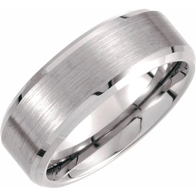 Affordable Gemstone Rings For Fashion Lovers-Tungsten 8 mm Beveled-Edge Band with Satin Center