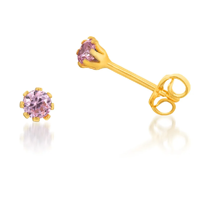 Elegant Crystal Earrings For Evenings Out-9ct Yellow Gold Silverfilled Pink 3.2mm Cubic Zirconia Stud Earrings